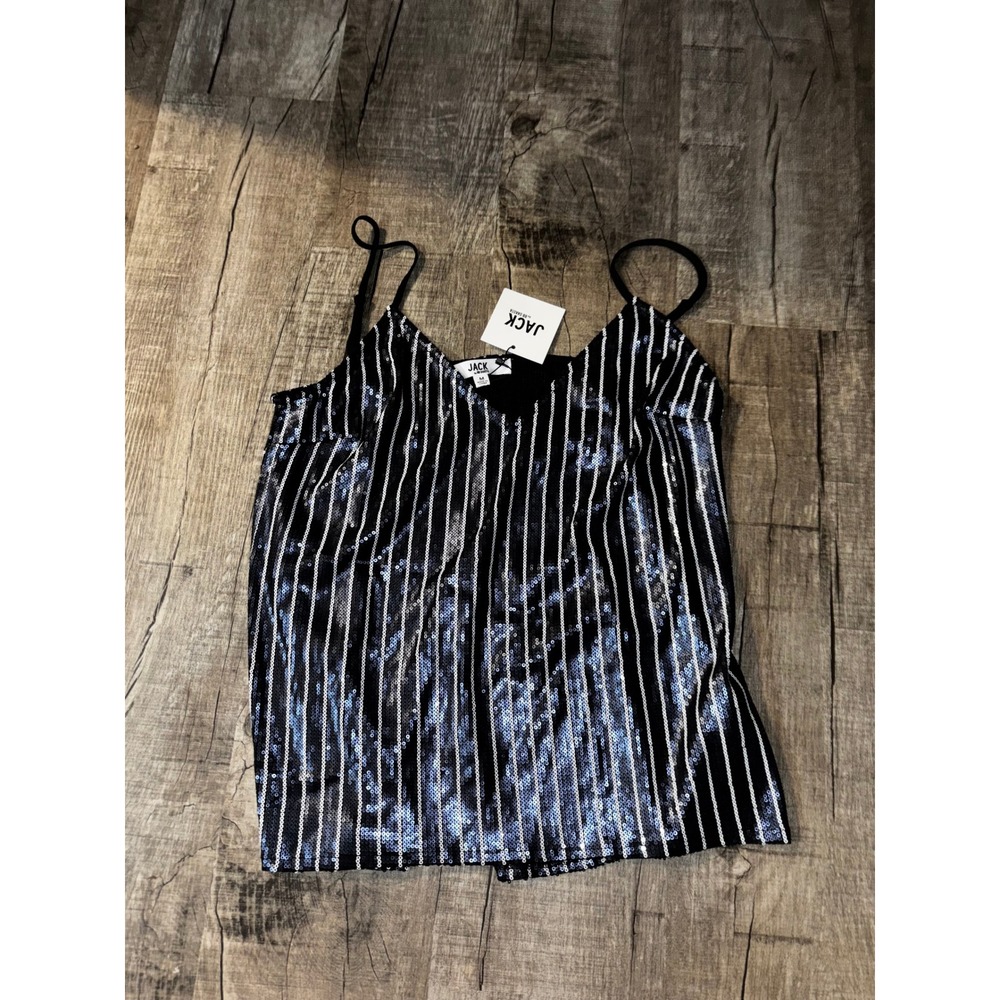 Jack by BB Dakota‎ Sequin Cami Top Navy Silver Striped V-Neck Tank Womens M
